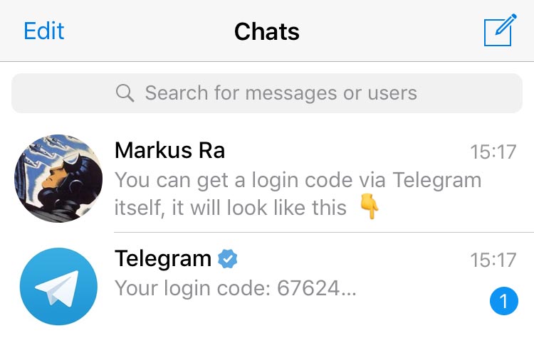 Connexion à Telegram avec un code de vérification